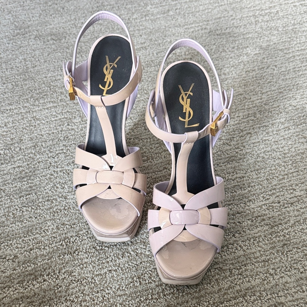 Saint Laurent Blush Patent Leather T-Strap Platform Sandals